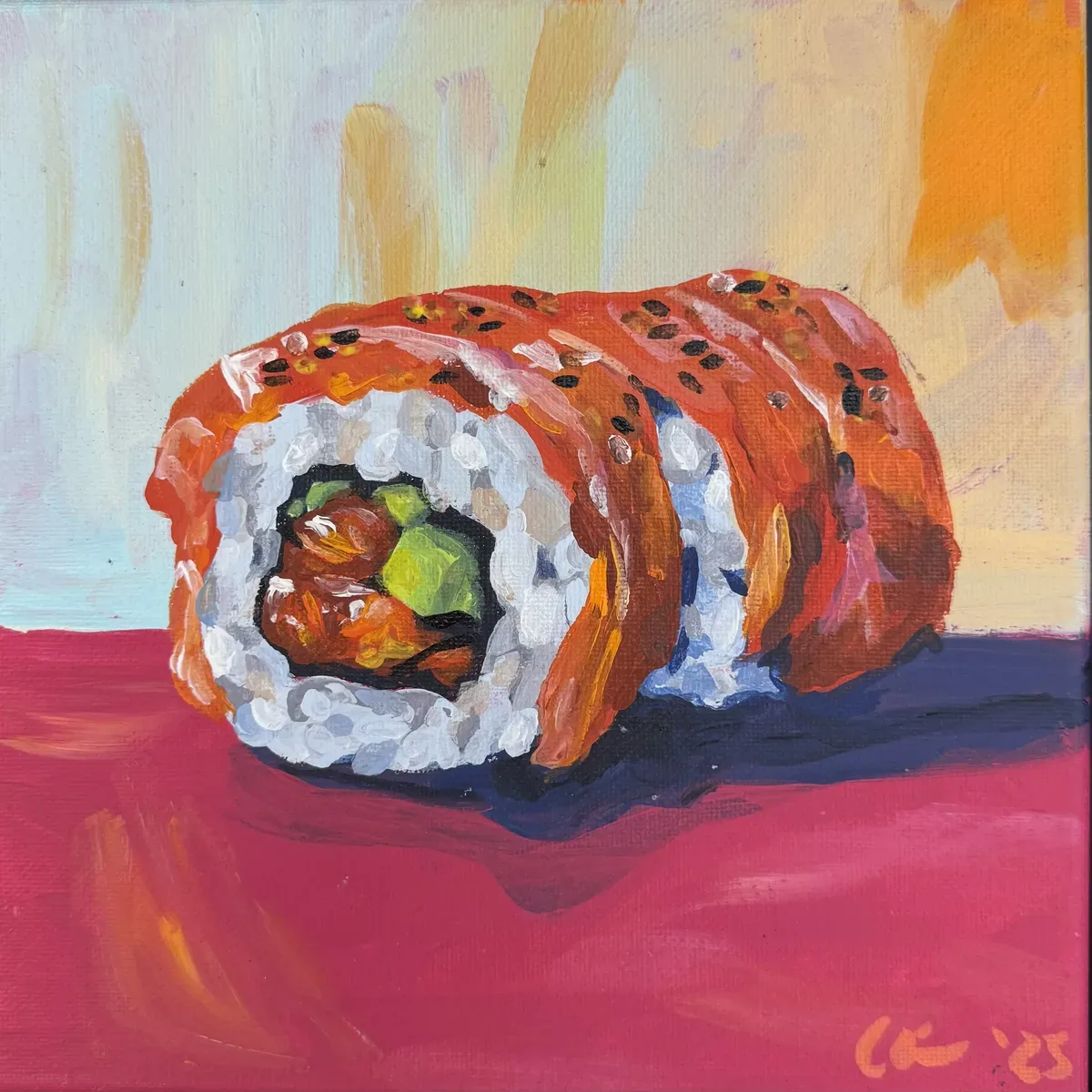 Spicy Salmon Roll by Chelsea Klukas, oil on canvas, 8 × 8 in