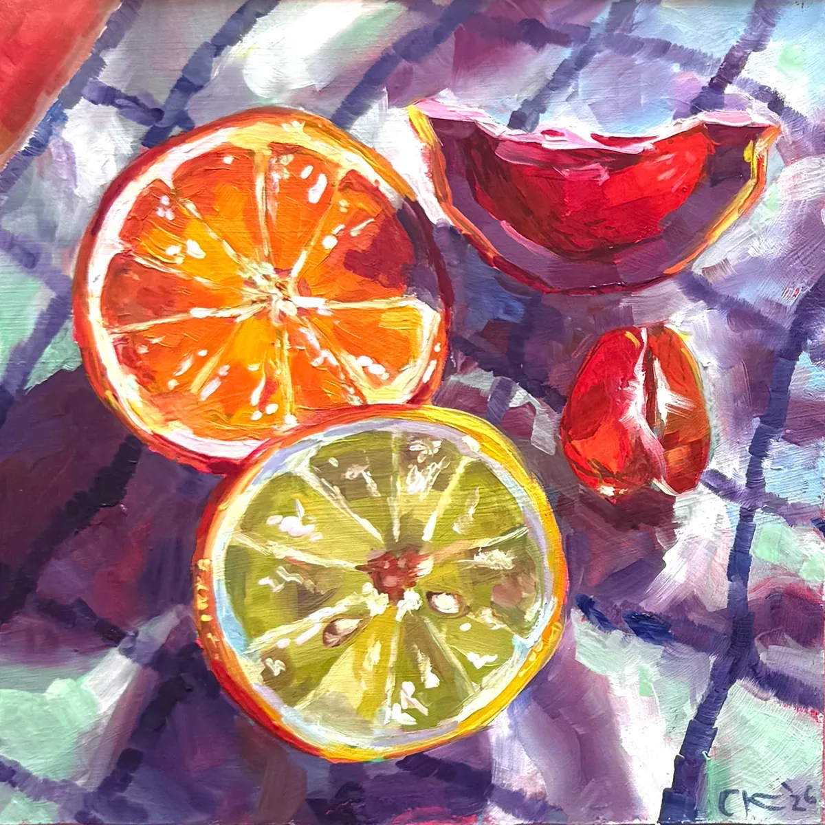 Summer Fruits by Chelsea Klukas, oil on canvas panel, 8 × 8 in