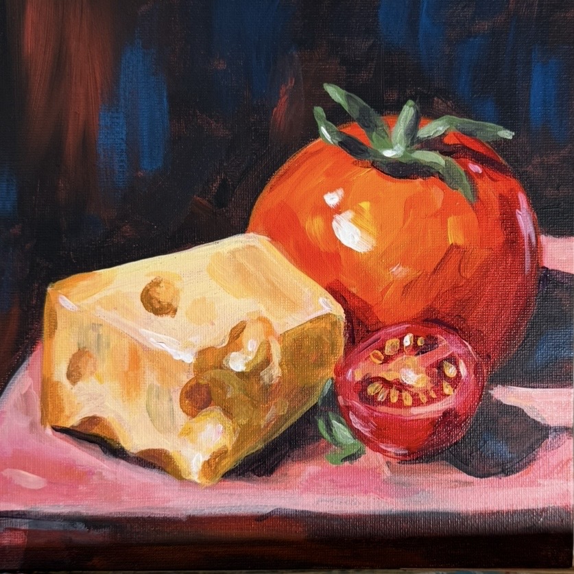 Tomatoes and Cheese by Chelsea Klukas, acrylic on canvas, 6 × 6 in