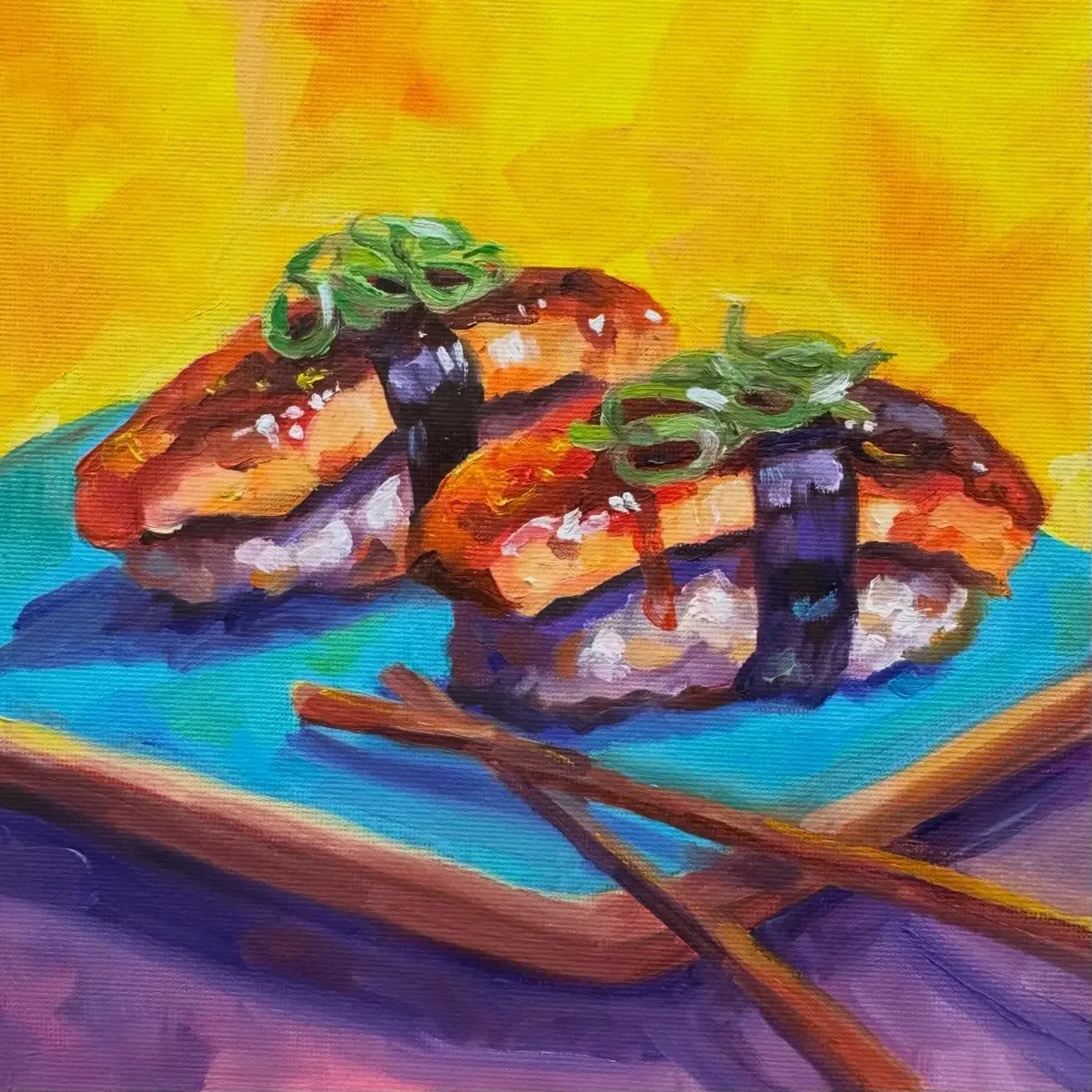 Tuesday Unagi by Chelsea Klukas, oil on canvas, 8 × 8 in