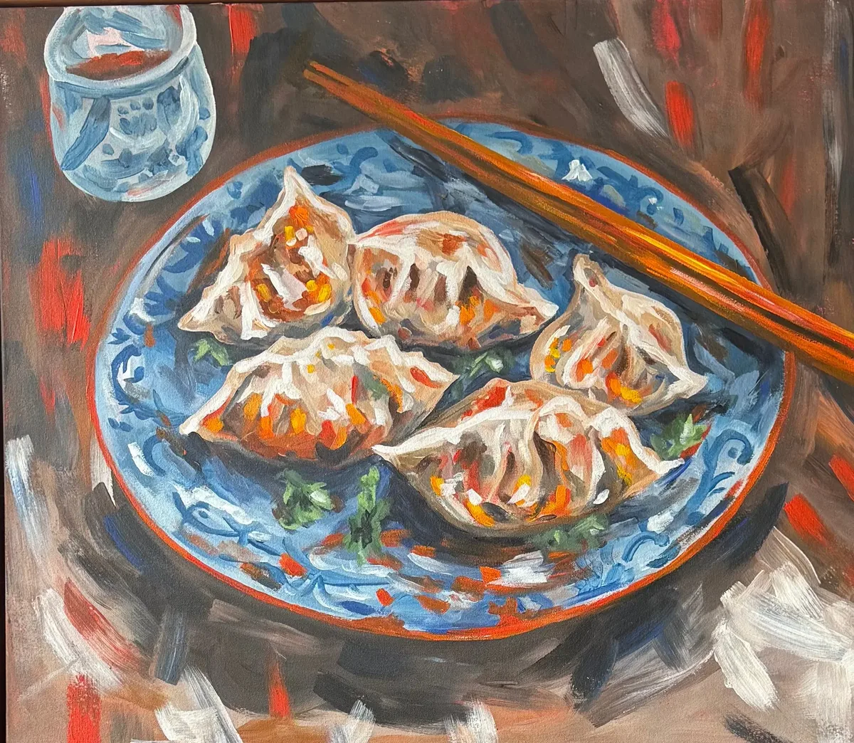 Sharable Dumplings by Chelsea Klukas, acrylic on canvas, 40 × 36 in